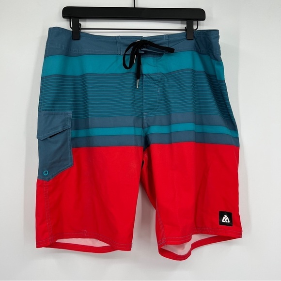Matrix Men's Blue Red Striped Drawstring Pocketed Colorblocked Swim Trunks - Picture 1 of 10
